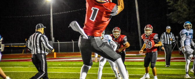 #1 Logan Stephens catches a pass for the Badgers in their final home game of the season against Pulaski Academy on Fri, Oct. 30, 2020. (Photo by Kayleigh Smith - Beebe High School). 